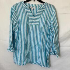 Kim Rogers Aqua and White Striped VNeck Blouse